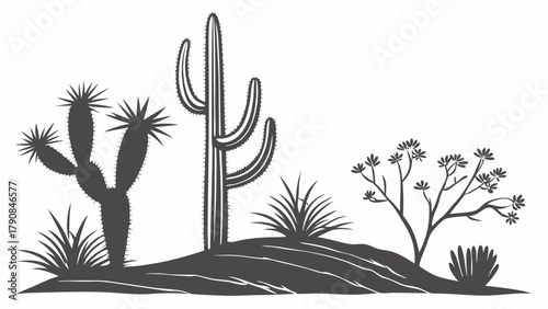 Iconic Desert Landscape Silhouette with Saguaro Cactus Joshua Tree and Desert Flora for Travel Nature Web Design and Southwest Branding