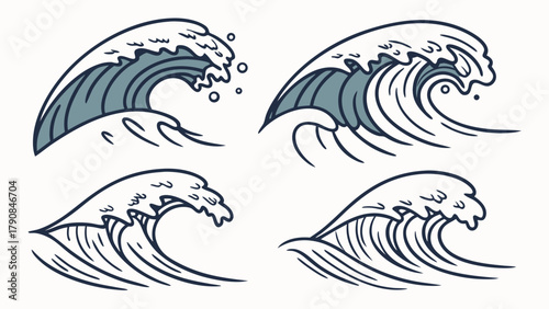 Stylized Ocean Waves Illustration Set for Web Design Travel Summer Vacation Marine Environment and Water Sports