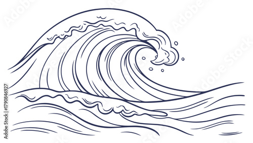 Powerful Crashing Ocean Wave Line Art Illustration for Travel Nature Environment Web Design Surfing Dynamic Water Movement Sketch