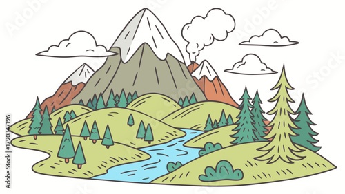 Vibrant Cartoon Nature Landscape Illustration With Mountains River Green Hills Forest Trees And Volcano For Outdoor Adventure Travel Eco Education And Kids Design