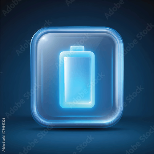 Glowing Blue Battery Icon Inside a Glass Square Symbolizing Power and Energy Efficiency for Sustainable Technology Innovations and Renewable Energy Solutions