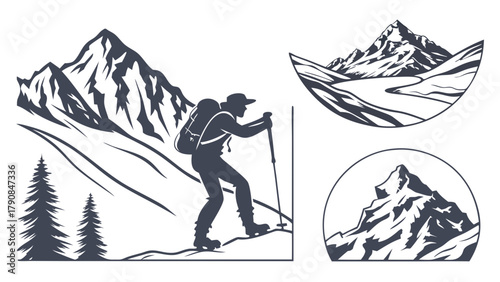 Hiker Climbing Snowy Mountain Peaks Vector Set for Outdoor Adventure Travel Tourism Exploration and Wilderness Design