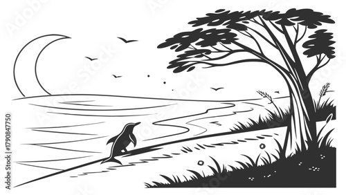 Solitary Penguin Walking on Moonlit Beach Shore. Black and White Nature Illustration for Wildlife Exploration, Peaceful Journey, and Tranquil Design Backgrounds.