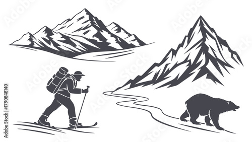 Vintage Outdoor Winter Adventure Collection Skier Bear Mountains Peaks for Travel Tourism Sports Marketing Wilderness