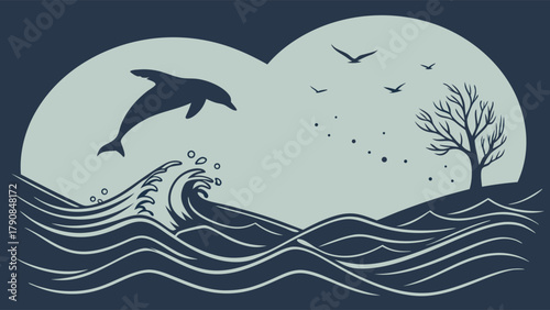 Two Tone Minimalist Dolphin Jumping Ocean Waves Illustration with Tree and Birds. Serene Nature Graphic for Eco Travel and Wellness Design.