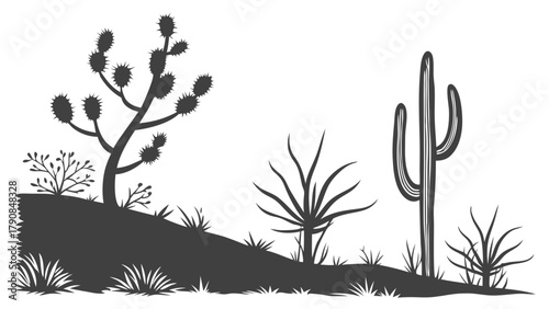 Iconic Southwestern Desert Landscape Silhouette with Saguaro Cactus Joshua Tree and Wild Plants for Nature Travel Web Design and Educational Background