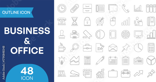 Comprehensive collection of 48 business and office outline vector icons for web, print, and mobile applications, including finance, communication, management, tools, and productivity concepts.
