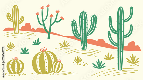 Textured Southwestern Desert Landscape Illustration with Saguaro Barrel Cacti and Succulent Plants for Nature Travel Web Design and Summer Backgrounds