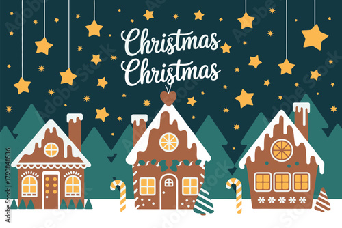 Three whimsical gingerbread houses decorated with festive icing and candy canes sit in a snowy winter landscape under a starry Christmas sky.