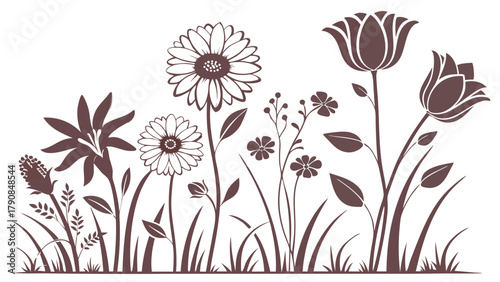 Decorative Floral Silhouette Vector Border with Wildflowers and Grass for Nature Design Web Graphics Spring and Summer Themes