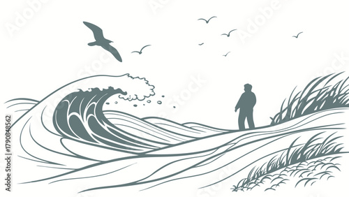 Solitary Man Standing on Beach Dune Watching Powerful Ocean Wave Breaking Seagulls Flying Line Art Illustration for Overcoming Challenges and Future Planning