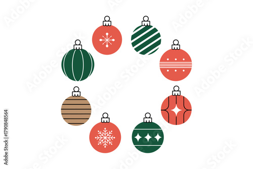 A circular arrangement of festive Christmas ornaments in red and green hues, adorning a white background.
