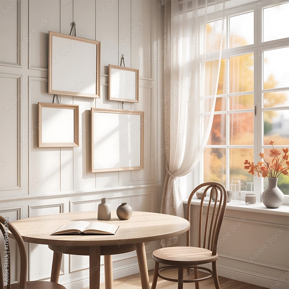 Fototapeta premium Round dining table with open book and four empty frames on wall