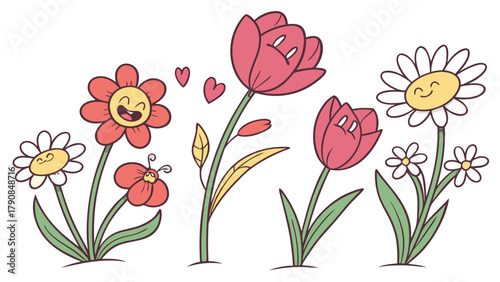 Cheerful Playful Cartoon Flowers Smiling with Hearts Cute Spring Vector Art for Kids Education Web Design