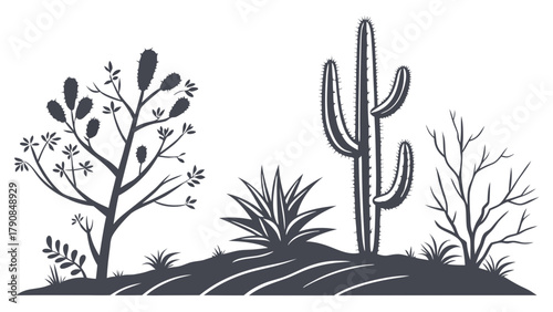 Desert Landscape Silhouette Illustration with Saguaro Cactus and Agave Plants for Nature Travel Web Design and Environmental Graphics