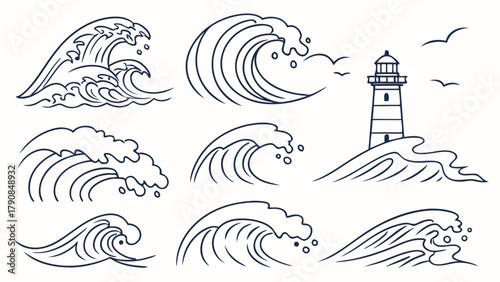 Dynamic Ocean Waves and Lighthouse Line Art Vector Icons Set for Marine Web Design Coastal Branding Travel Graphics and Nature Symbols