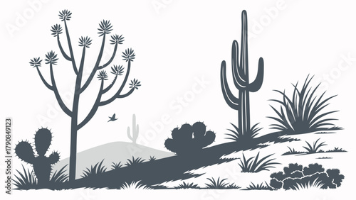 Thriving Desert Landscape Silhouette with Saguaro Cactus and Succulent Plants for Nature and Travel Design
