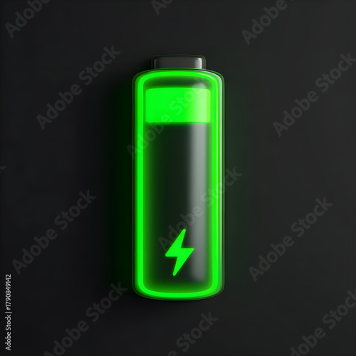 Bright green battery icon glowing with energy against a dark background