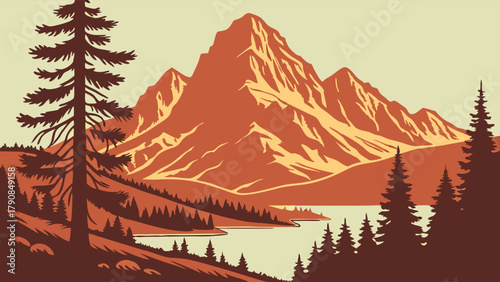 Majestic Mountain Lake Landscape Pine Forest Retro Flat Design Outdoor Adventure Wilderness Travel Tourism Marketing