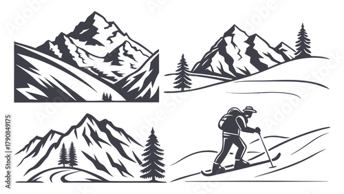 Vintage Mountain and Skier Illustrations. Outdoor Adventure Graphics Set for Travel, Winter Sports, Hiking, and Nature Exploration Logos. Majestic Snowy Peaks and Pine Trees.