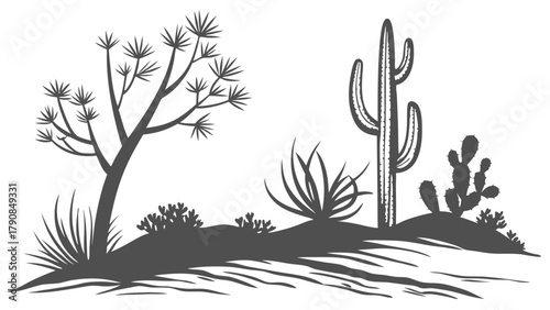 Southwest Desert Landscape Silhouette with Saguaro Cactus Joshua Tree and Arid Plants Vector for Nature Travel Design