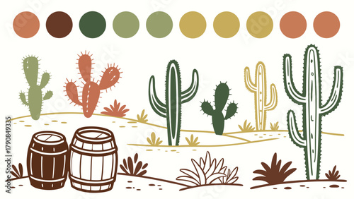 Rustic Desert Landscape Illustration with Cacti Barrels and Earthy Color Palette. Vector Elements for Western Design, Nature Graphics, Web Backgrounds, Travel.