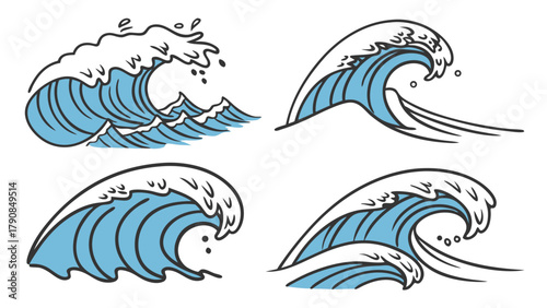 Dynamic Blue Ocean Waves Illustration Set with White Foam for Summer Beach Travel Surfing Nature Environmental and Web Design