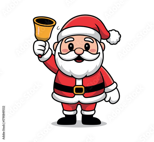 A cute cartoon illustration of Santa Claus ringing a festive golden bell with a happy expression, evoking the spirit of Christmas celebrations.