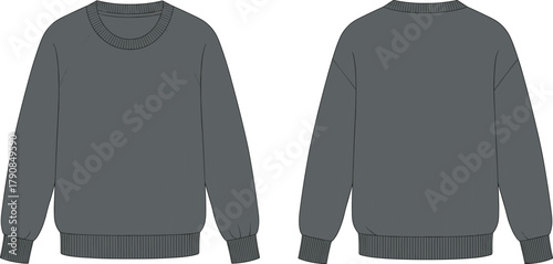 Dark gray sweatshirt, long sleeve crewneck, ribbed cuffs, ribbed hem, ribbed neckline, casual fashion, apparel design, clothing mockup, cad drawing flat vector