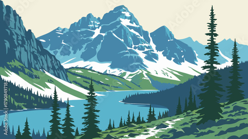 Majestic Stylized Mountain Lake Landscape Snow Capped Peaks Evergreen Forest Art For Travel Tourism Outdoor Adventure Web Design Background
