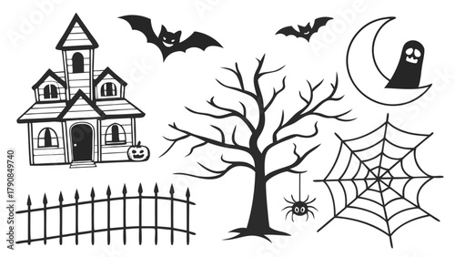 Halloween Spooky Elements Set Hand Drawn Haunted House Bats Tree Ghost Spiderweb Pumpkin Fence for Festive Party and Web Design
