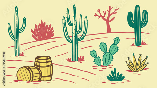 Cartoon Desert Landscape Illustration with Saguaro Cacti, Prickly Pear, and Wooden Barrels. Wild West Nature Scene for Game and Web Design.