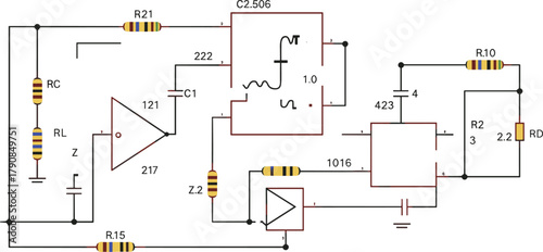 Electronic circuit diagram, resistors capacitors, operational amplifiers, waveform generator, analog system, mixed signal design, engineering schematic, 