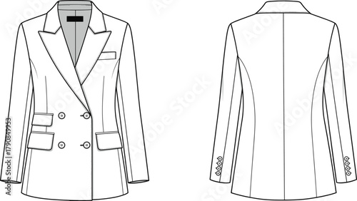Double-breasted blazer technical sketch front and back view, fashion cad drawing, flat vector clothing template, tailored jacket illustration, cad drawing flat vector