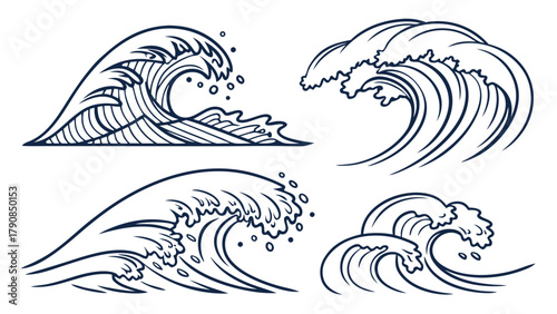 Powerful Ocean Waves Hand Drawn Set Marine Water Line Art Surfing Beach Travel Nautical Design Branding Graphics