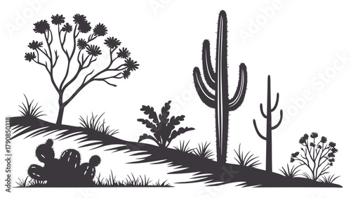 Desert Landscape Silhouette Vector Illustration with Saguaro Cactus and Arid Plants. Perfect for Nature, Travel, Web Design Backgrounds.
