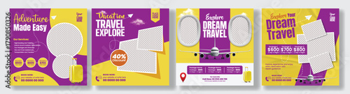 Set of Travel Agency Advertisement Social Media Posts Bundle, Vacation Flyer, and Poster Template for Adventure Trip and Holiday Tour Promotion and Online Ticket, hotel, resort Booking promo design