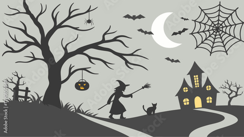 Spooky Halloween Night Silhouette with Witch Black Cat Haunted House Moon Bats Spider Web and Pumpkin for Seasonal Graphic Design and Party Invitation