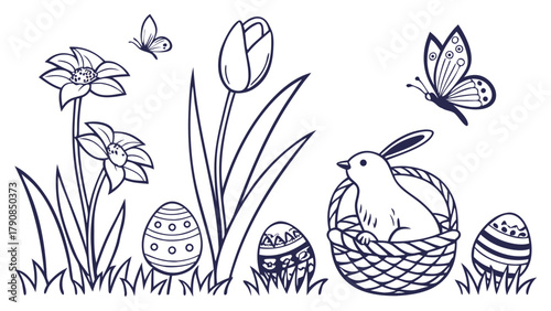 Outline Drawing Easter Spring Coloring Page with Bunny, Decorated Eggs, Daffodils, Tulip, Butterflies for Kids Crafts, Holiday Design, Education