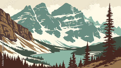 Majestic Snow-Capped Mountains and Serene Alpine Lake. Vintage Travel Poster Illustration for Nature Tourism and Outdoor Adventure.