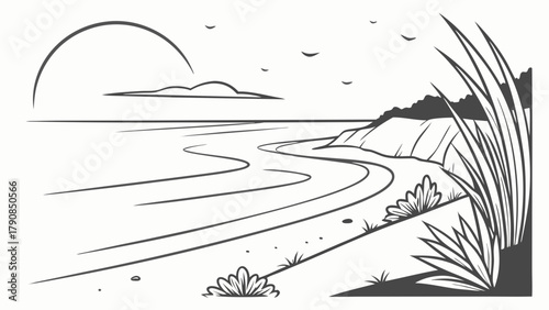 Peaceful Coastal Landscape Outline Drawing with Ocean, Beach, Cliffs, and Sunrise. Serene Minimalist Nature Graphic for Web Design, Travel, Education.