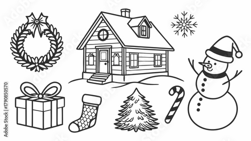 Christmas Winter Holiday Line Art Set. Outline Icons Collection with House, Snowman, Wreath, Tree, Gift, Stocking, Candy Cane for Seasonal Design.