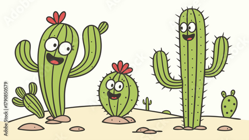 Cheerful Cartoon Cacti Family Smiling in Desert Landscape for Kids' Learning, Web Design, and Fun Branding