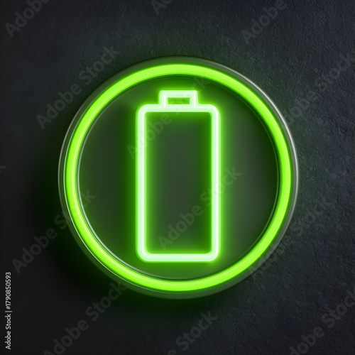 Vibrant green neon battery icon glowing brightly within a circular outline on a dark background
