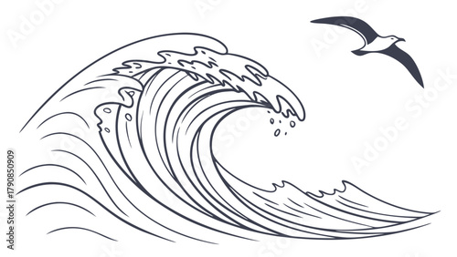 Hand Drawn Ocean Wave and Flying Seagull Line Art Illustration for Nature Travel Web Design and Coastal Marine Themes