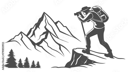 Determined Hiker Standing on Mountain Peak with Backpack and Trekking Poles. Outdoor Adventure, Success, and Personal Growth