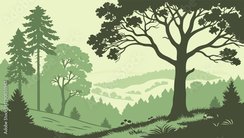Tranquil Green Forest Landscape Vector Illustration. Rolling Hills and Path. Nature Background for Ecology, Web Design, and Outdoor Travel