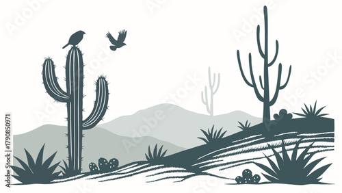 Serene Minimalist Desert Landscape Vector Illustration with Saguaro Cactus and Birds Flying Over Layered Mountains for Nature Travel Design