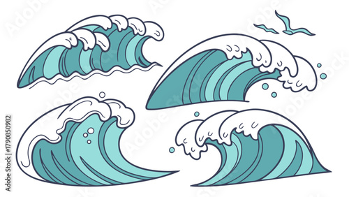 Dynamic Ocean Waves Vector Illustration Set for Summer Travel, Beach Holidays, Surfing, Marine Adventures, and Nautical Graphic Design