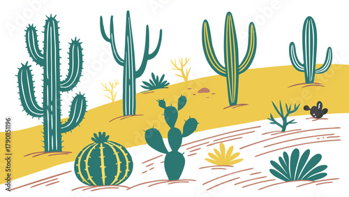 Vibrant Cacti Desert Landscape Illustration. Flat Design Succulent Plants in Arid Environment. Nature Background for Web and Travel Design.